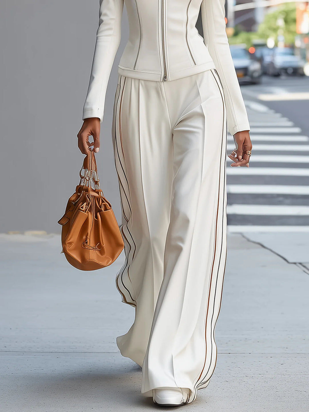 White Stand Up Collar Zip-Up Wide-Leg Pant Set