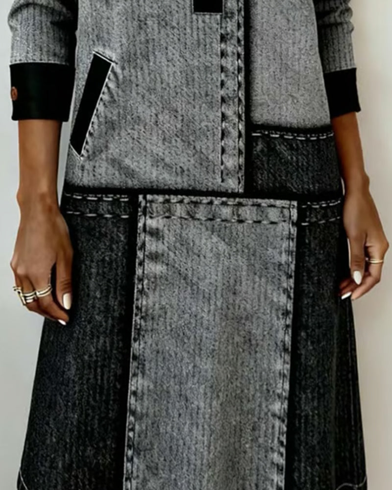 Dress Button Flip V-neck Color Block Modern