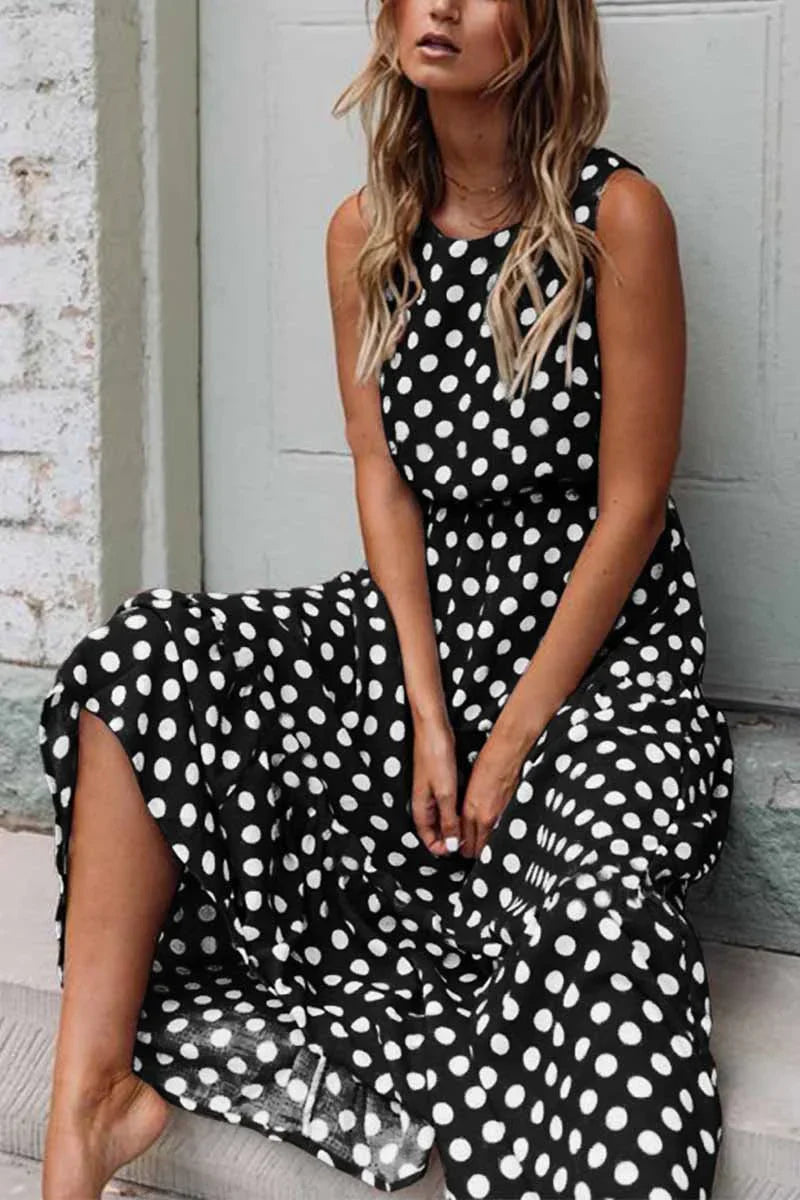 Seiva-Sleeveless Polka Dot Maxi Dress with Relaxed Fit