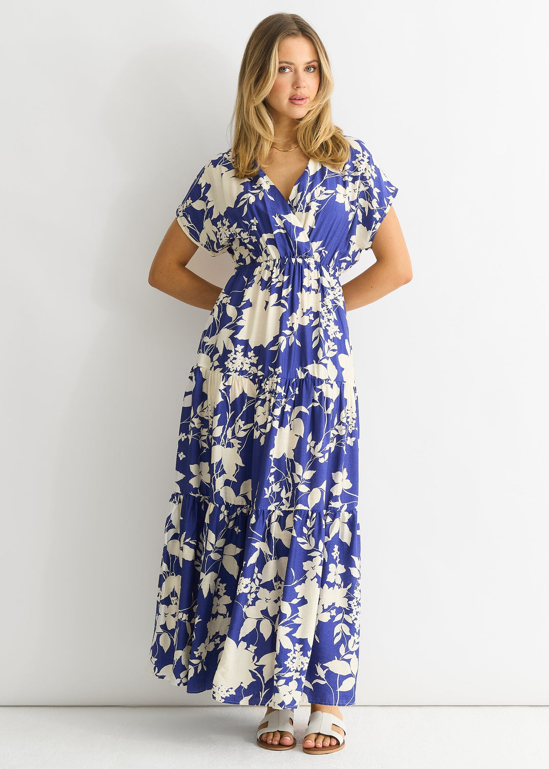 Blue Floral Elastic Waist Maxi Dress