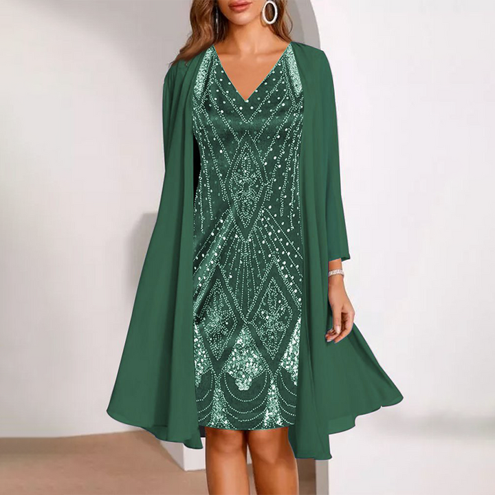 Vanessa-V-Neck Dress & Sheer Long Matching Coat
